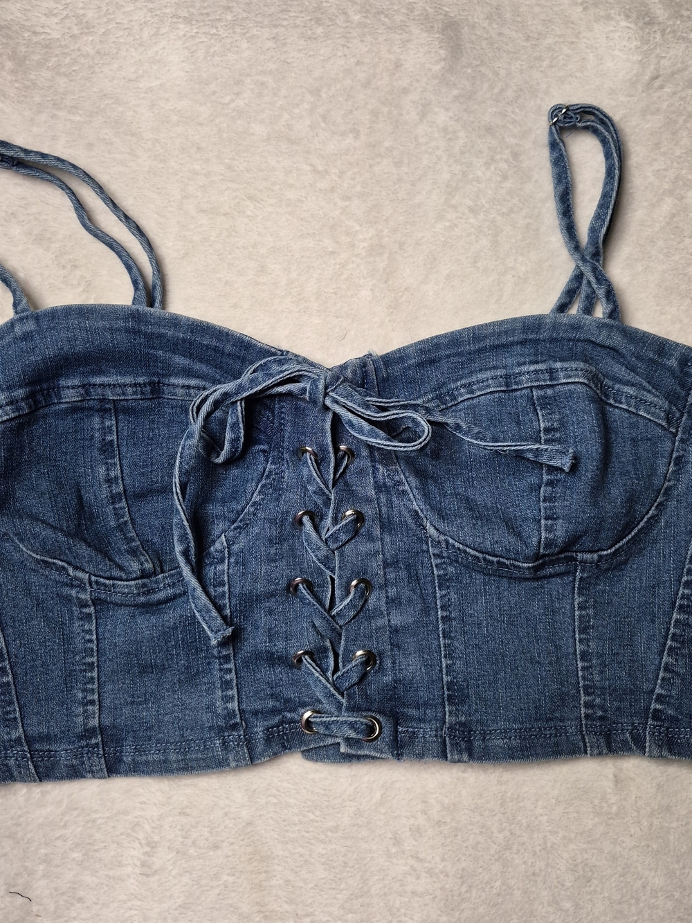 Denim Lace-Up Bustier Crop Top - Blue Y2K